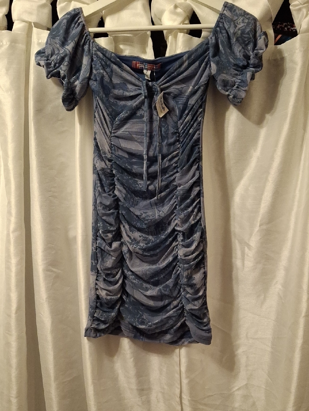 Urban Outfitters Blue Ruched Off-Shoulder Mini Dress